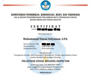Guru SMKN 10 Semarang Raih Sertifikat  Welding Inspector
