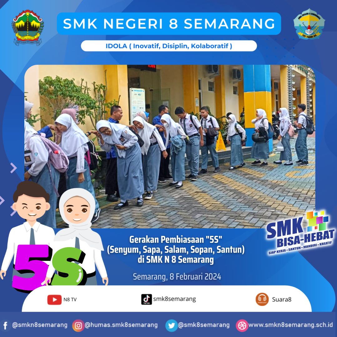 Gerakan "5S" Mewarnai Kehidupan Sehari-hari di SMK Negeri 8 Semarang: Senyum, Sapa, Salam, Sopan, Santun Gerakan "5S" Mewarnai Kehidupan Sehari-hari di SMK Negeri 8 Semarang: Senyum, Sapa, Salam, Sopan, Santun